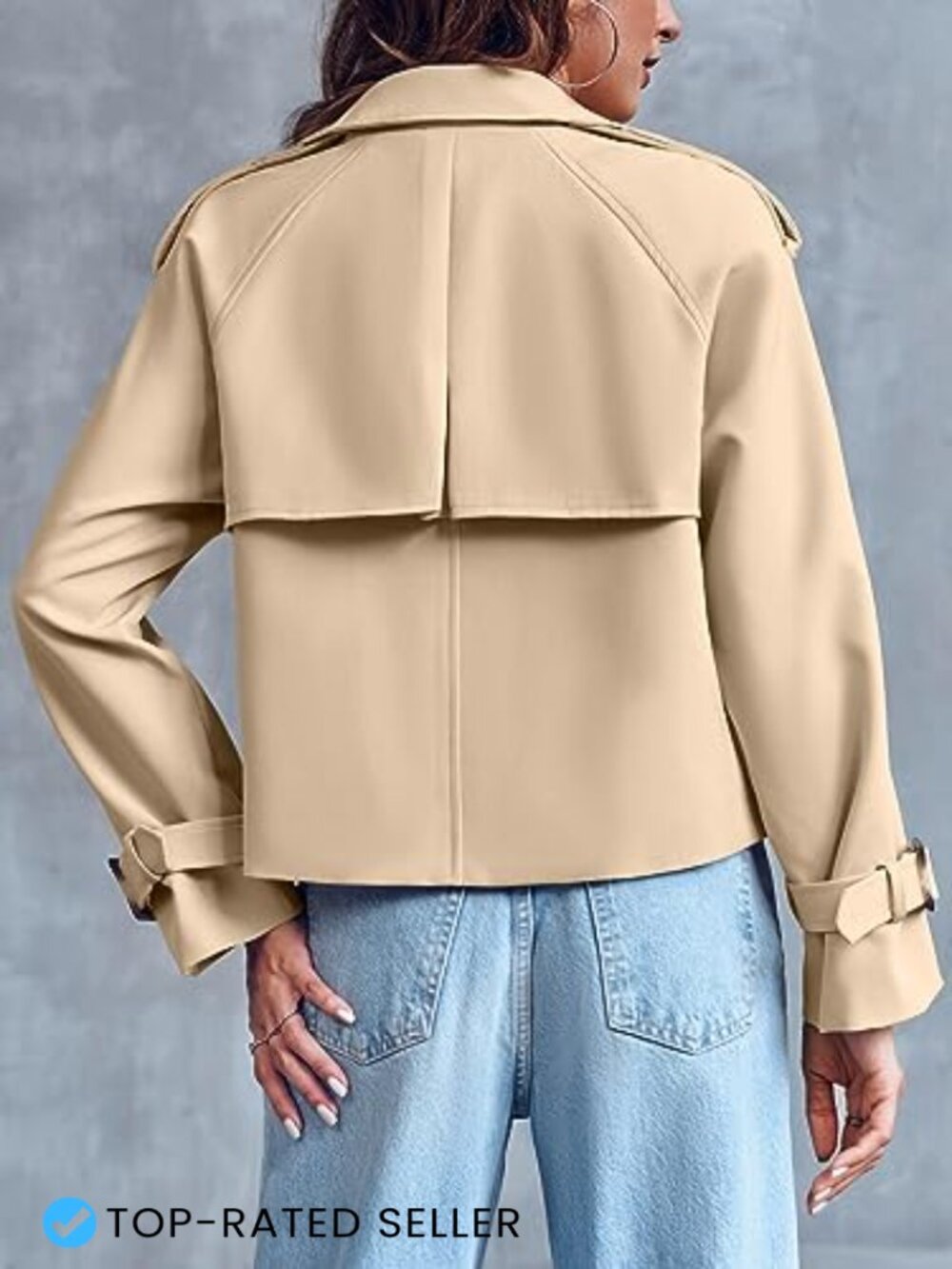 Cropped Double Breasted Trench Coat Raglan Sleeve Chic Work Office Jacket - Picture 5 of 7
